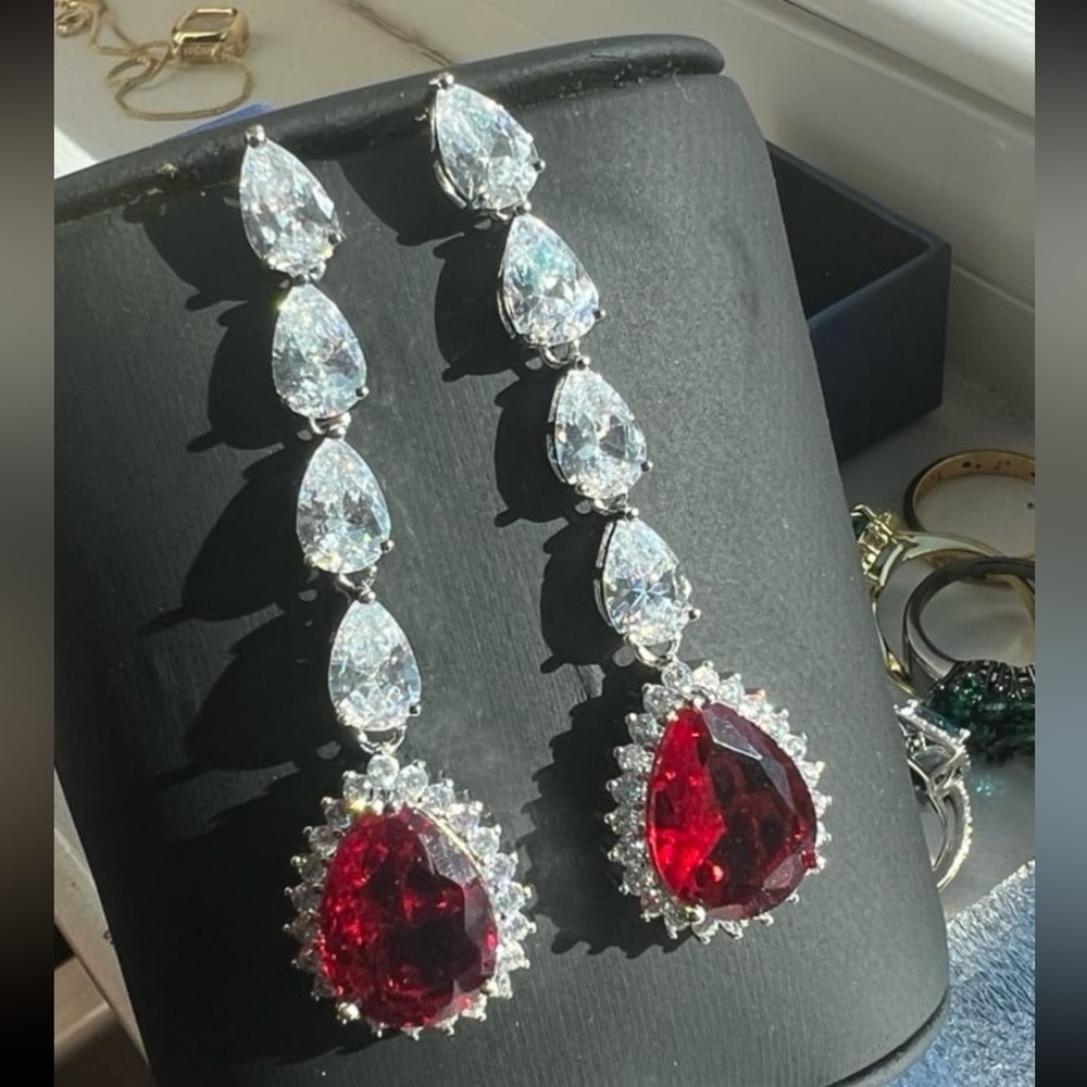 4.2ct Ruby Oval Cut Dangle Swarovski Elements Ear… - image 6